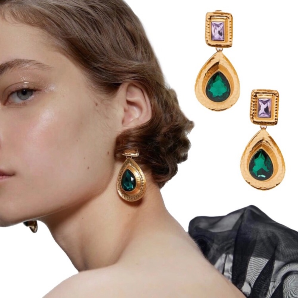 ZARA Gold Green Purple Rhinestone Earrings